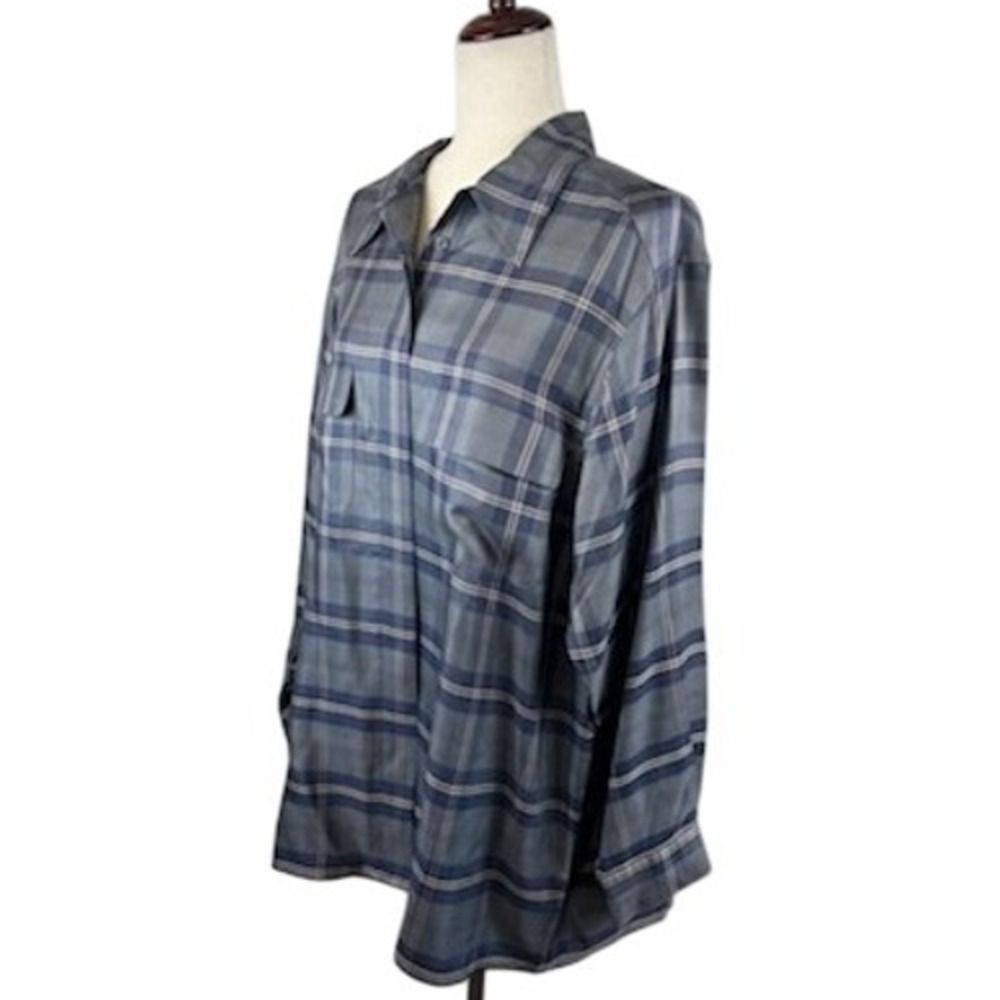Vintage Laura Ashley 100% Silk Plaid Long Top Blouse Duster Gray Blue Size 10